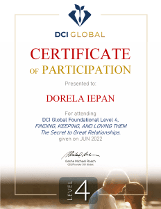 Despre Mine - Dorela Iepan 17 DCI 4 Secretul Relatiilor implinite - Certificat de participare DORELA IEPAN